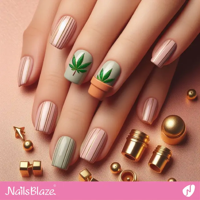 Striped Nails with Marijuana Pot Leaf Design | Nature-inspired Nails - NB2135